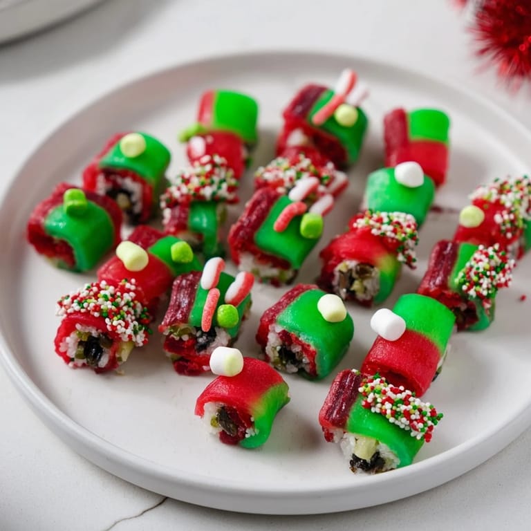 Brightly colored Easy Christmas Fruit Rollup Sushi pieces, a fun dessert with gummy worms in a playful presentation.