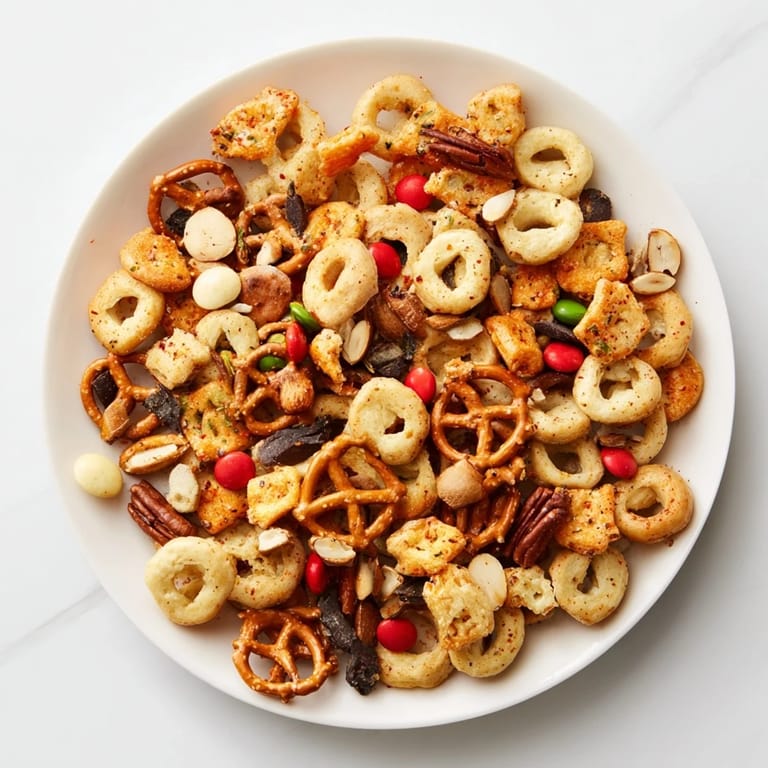 A colorful close-up of the delicious air fryer Bagel Chip Christmas Mix, ideal for holiday parties.
