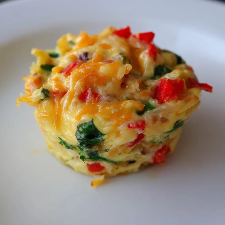 A top-down view of Easy Christmas Morning Egg Muffins, with visible peppers and cheese, ready to eat.