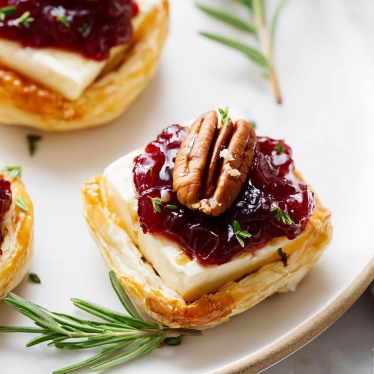 Warm, appetizing photo showing a tray of easy Express Cranberry Sauce Brie Bites ready to serve.