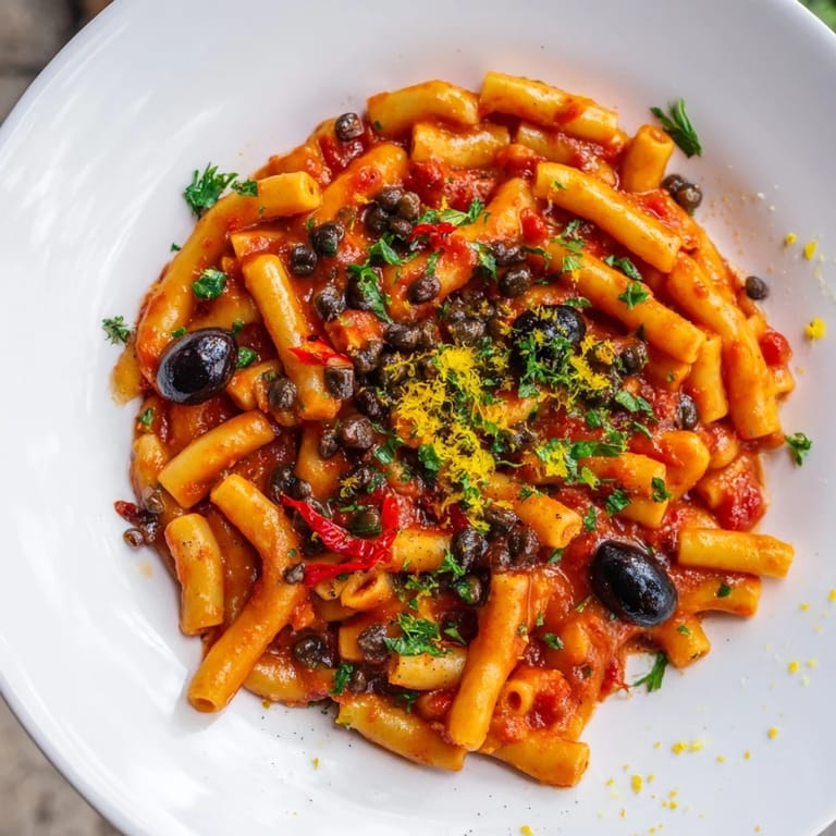 Bright red Puttanesca Ditalini pasta with herbs, olives, and a zesty lemon garnish.