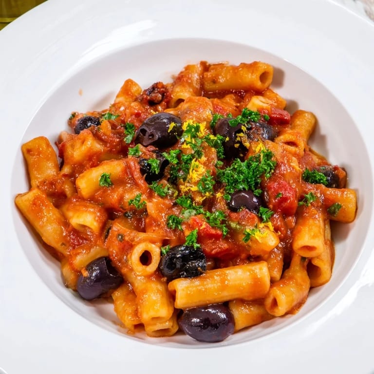 A close-up view of a bowl of Puttanesca Ditalini, perfect for a quick and easy dinner.