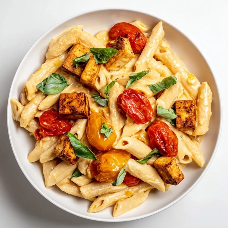 A close-up of creamy vegan baked tofu feta pasta, highlighting the tender pasta and tomatoes.