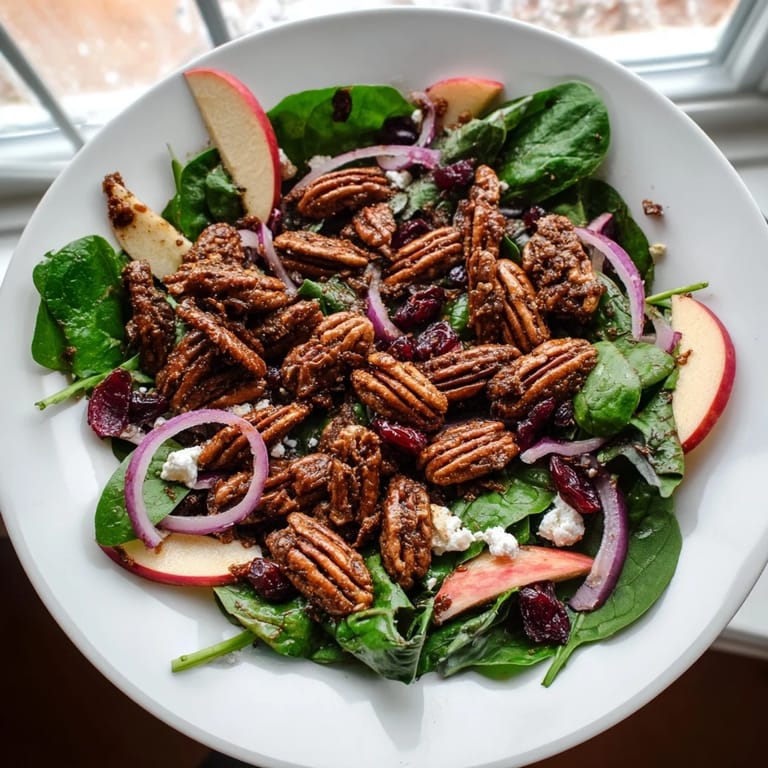 Close-up of a festive gingerbread spiced candied pecan salad with colorful greens and goat cheese.