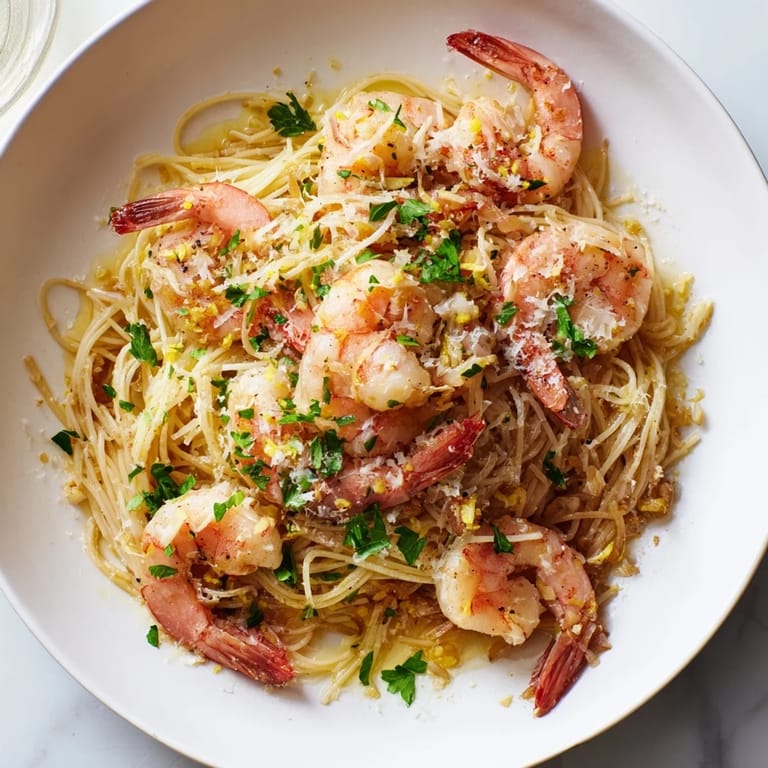 A close-up of steaming One-Skillet Lemon Garlic Shrimp Angel Hair Pasta, ready to be enjoyed.