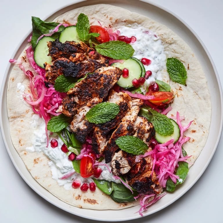 Close-up of a flavorful Greek Yogurt Chicken Shawarma Christmas Wrap, perfect for a festive feast.