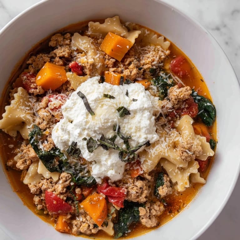 A hearty close-up of Healthy Lasagna Soup, showcasing tender turkey, vibrant veggies, and flavorful broth.