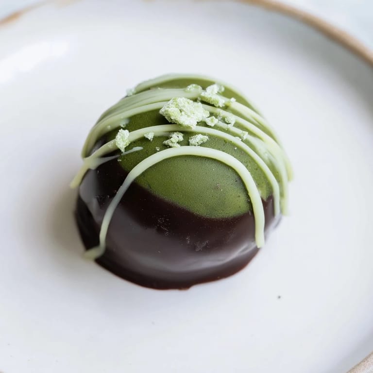 Close-up of freshly rolled Matcha Dark Chocolate Peppermint Truffles, coated in green matcha powder, ready to serve.