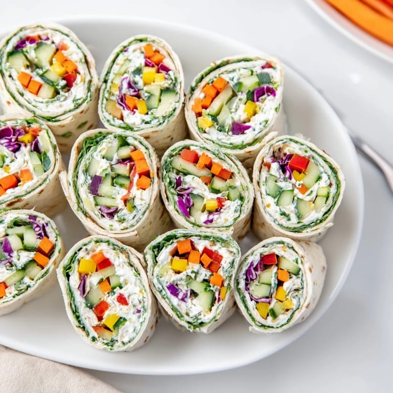 Freshly made Rainbow Veggie Christmas Lights Wrap Pinwheels arranged on a platter ready to be served.