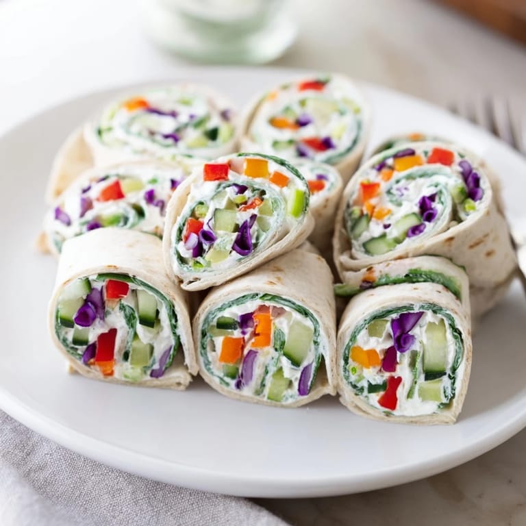 Close-up of Rainbow Veggie Christmas Lights Wrap Pinwheels showing colorful veggie spirals; a perfect appetizer.