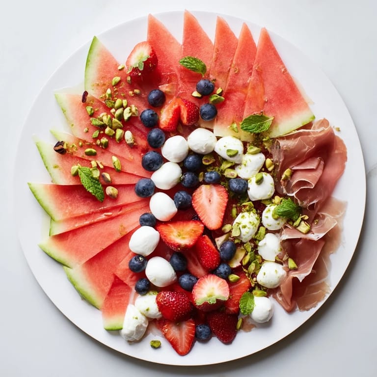A summery arrangement of watermelon slice charcuterie, garnished with mint, perfect for sharing.