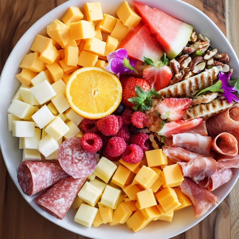 A colorful Flamingo Paradise Board overflowing with summer fruits, cheeses, and savory charcuterie for sharing.