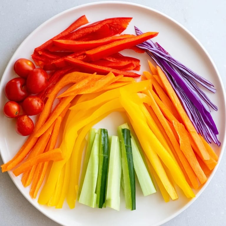 This image shows a vibrant Rainbow Arch Bright Veggie Sticks arrangement, ready for healthy snacking with dip.