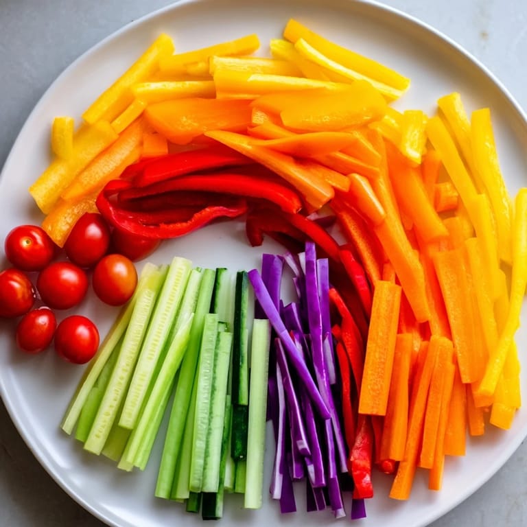 Fresh Rainbow Arch Bright Veggie Sticks on a platter, a beautiful and appetizing appetizer for any party.