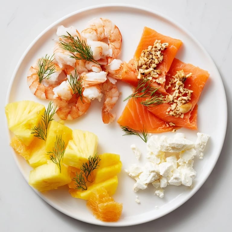 A beautifully arranged Wave Rider Surfer Snack Board showcasing fresh seafood, cheeses, and crunchy crackers for dipping.