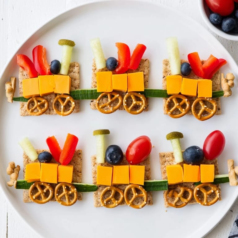 Vibrant Choo Choo Train Snack Track arrangement with crackers, cheese, and fresh produce for joyful snacking.
