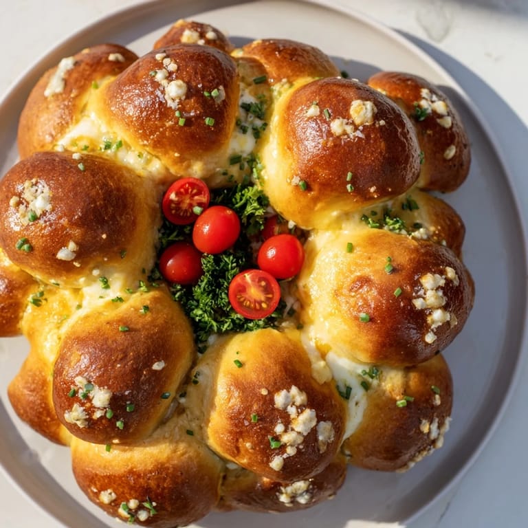 A delicious Pretzel Joy Wreath, showcasing golden, baked pretzel dough surrounding a savory cheese filling.