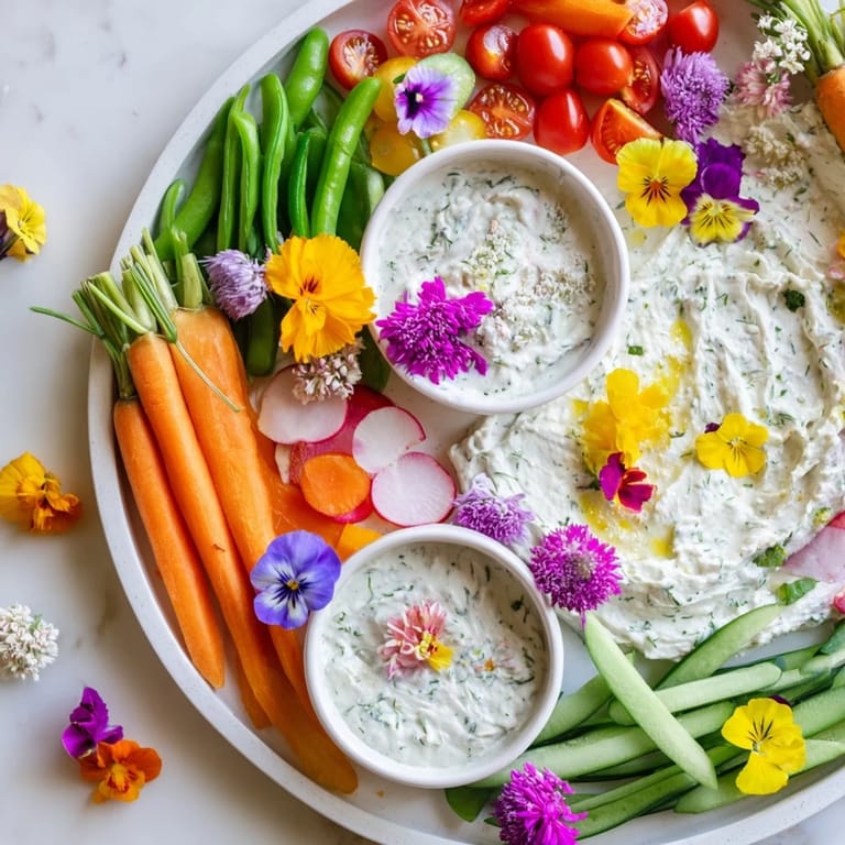 A delicious Fairy Garden Platter displays colorful edible blooms, crunchy vegetables, and creamy dips for dipping.