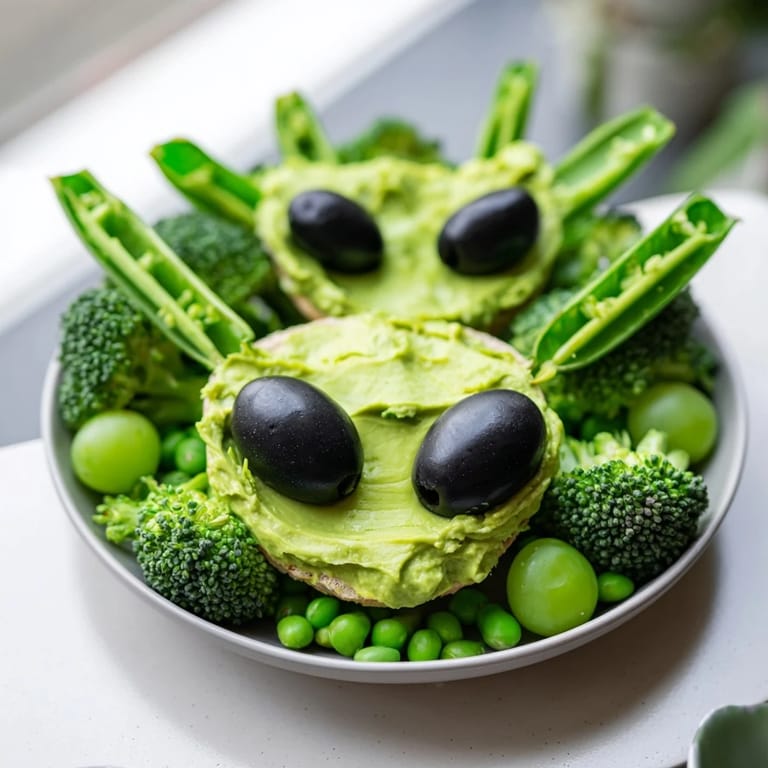 Vibrant Attaque d'Extraterrestres Snacks Verts: Crisp sugar snap peas, broccoli, and grapes with creamy guacamole and herbed cheese.