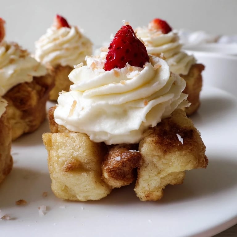 Warm, spiced Santa Hat Bread Pudding Bites, served beautifully with vibrant red strawberry and fresh cream.