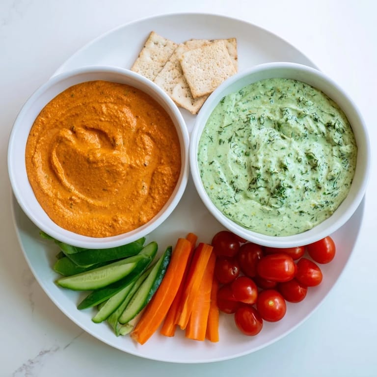 This amazing Festive Dip photo showcases the creamy roasted red pepper and herbed green goddess, ready to serve and share.