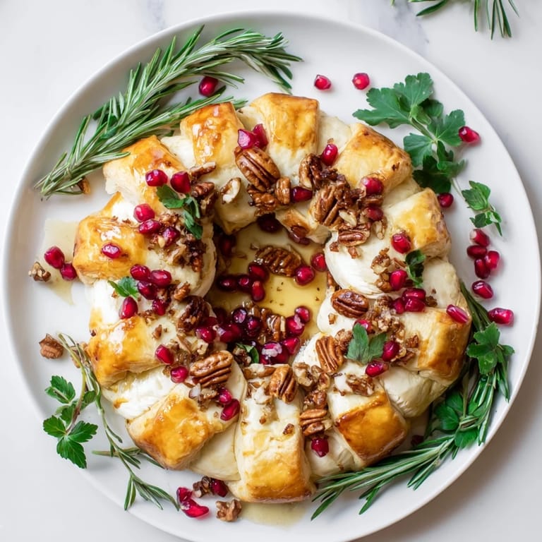 Aromatic herbs and ruby pomegranate seeds adorn this delicious Pomegranate and Brie Wreath, ideal for entertaining.