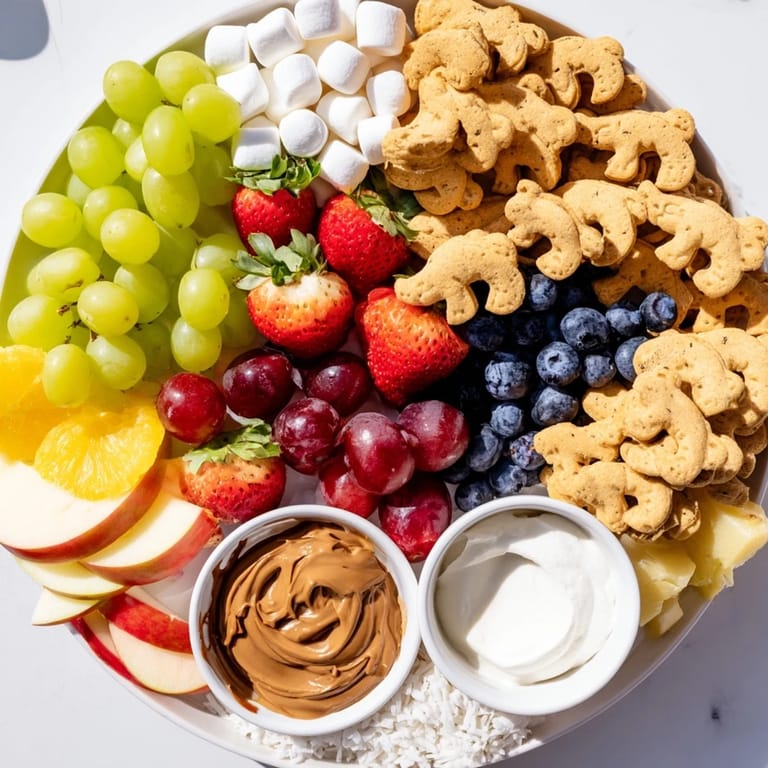 A delightful Animal Cracker Safari Board, showcasing fresh fruit clusters surrounding tempting yogurt and peanut butter dips.