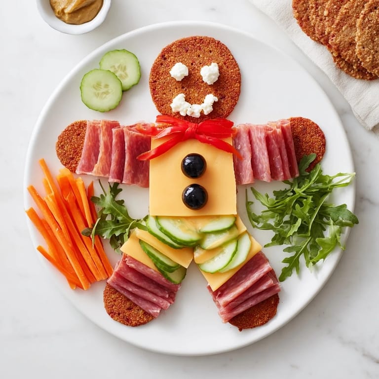 Imagine the gingerbread man charcuterie: delicious prosciutto, salami, and cheddar, ready to be enjoyed.
