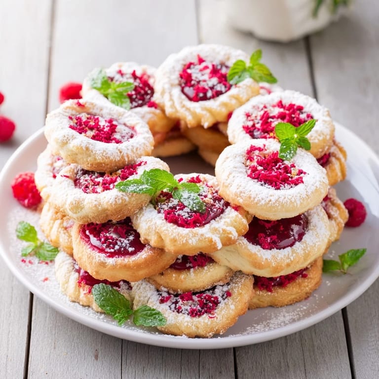 Showcasing a Sweet Raspberry Wreath cookie platter, with vibrant red jam peeking through cut-out cookies.