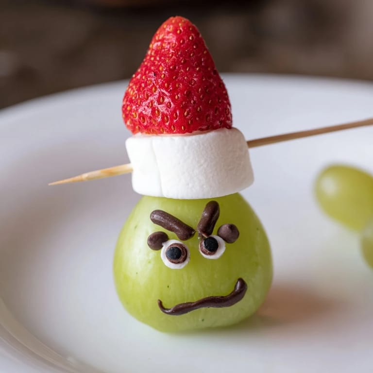 Kid-friendly Grinch Snacks featuring green grapes and sweet marshmallows, perfect for holiday treats.