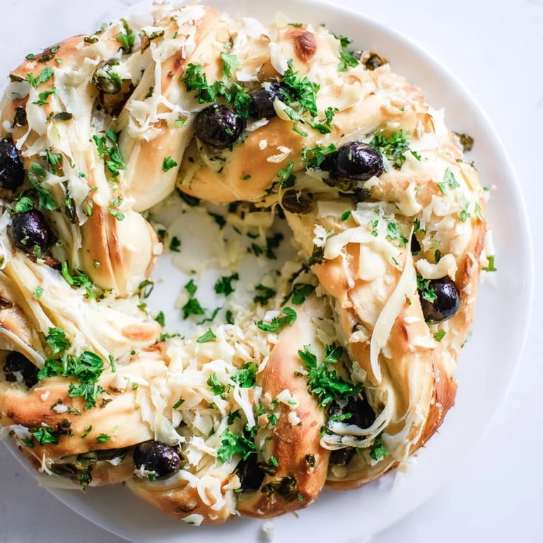 Aromatic Savory Wreath with olives and herbs, fresh from the oven, offering a delightful pull-apart bread experience.
