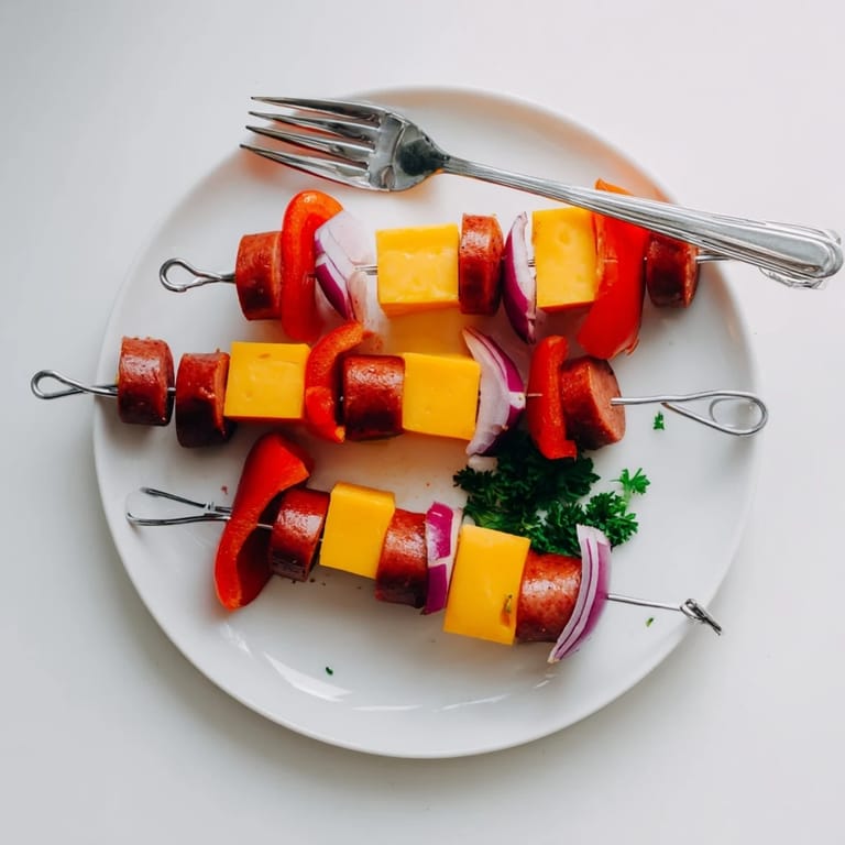 A close-up view of delicious Savory Skewers: Chimney Stack Sausage and Cheese, ready to be served.