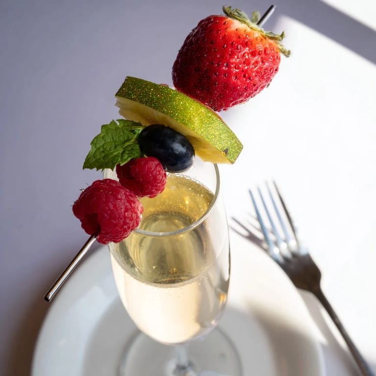 A closeup of elegantly crafted Champagne Flute Fruit Garnishes, showcasing kiwi slices and fresh raspberries, ready to serve.
