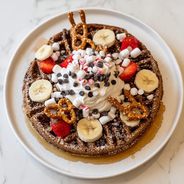 Build your own Gingerbread House Waffle Bar with warm waffles, sweet treats, and colorful candies.