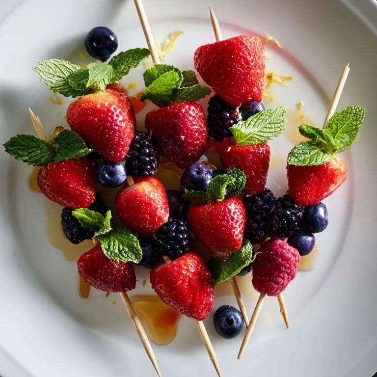 Cooling and delicious berry and mint fruit skewers, perfect for a summer snack or light dessert.