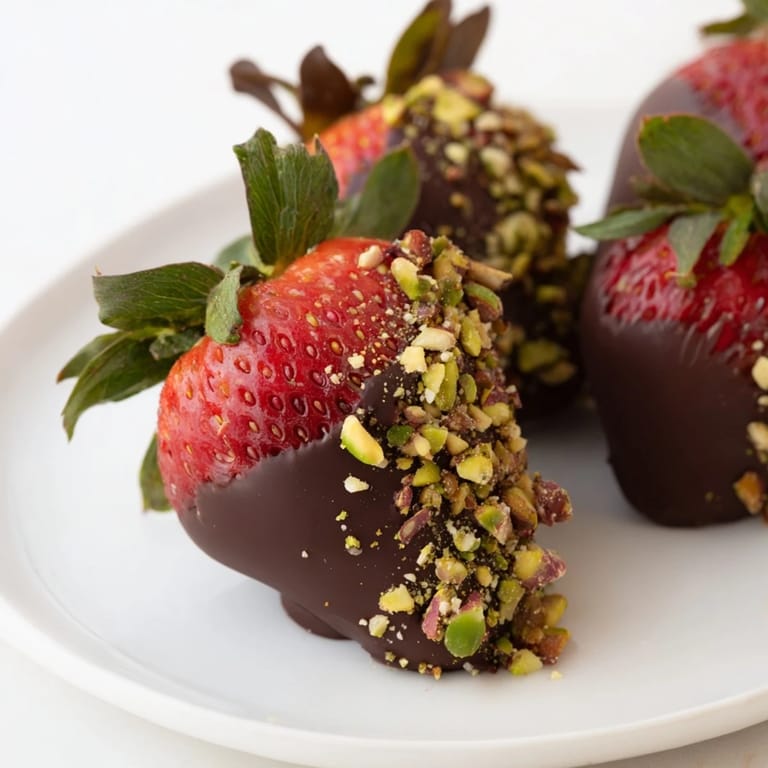 Glossy dark chocolate coats ripe strawberries in this photo of dark chocolate covered strawberry dips.