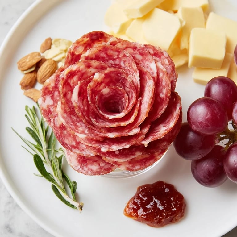 Single-serving easy charcuterie presents a beautiful salami rose, delicious cheeses, and vibrant berries.