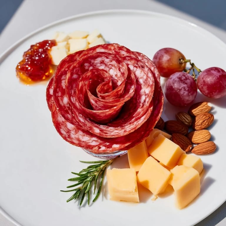 This tempting easy charcuterie board features a stunning salami rose with almonds, ideal for snacking.