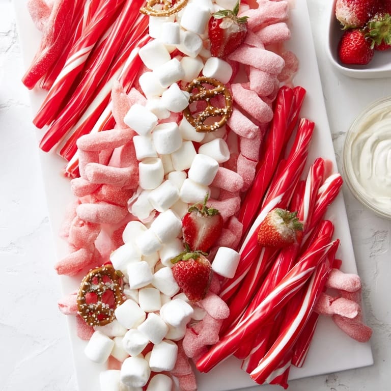 A beautifully arranged Sweet Board, featuring vibrant red and white candies for a festive dessert spread.