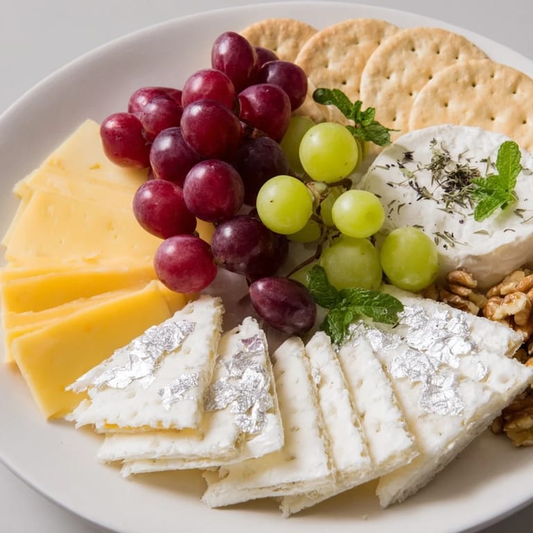 Enjoy a colorful Sparkling Grape and Silver Cracker Platter with silver-dusted crackers, perfect for celebration.