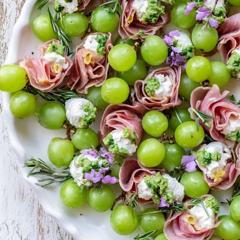 This stunning Mistletoe Kissing Ball combines fresh herbs, cheese balls, and grapes to create a delicious and visually appealing appetizer.