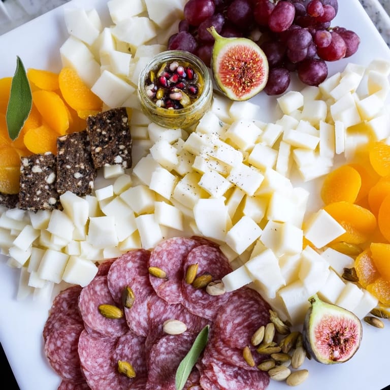 Artfully arranged Pomegranate Jewel Cascade with assorted cheeses, charcuterie, and fresh fruit for an elegant appetizer.
