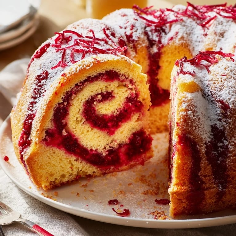 Freshly baked Cranberry Orange Swirl cake, dusted with powdered sugar, ready for serving.