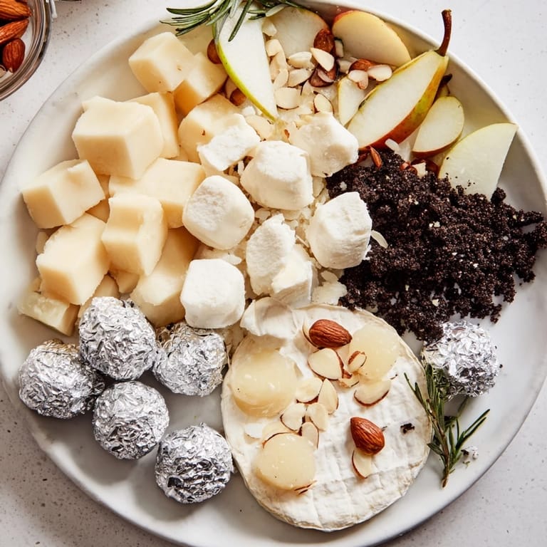 Indulge with The Silver Screen, a gourmet cheese board featuring silver-wrapped chocolates and creamy cheeses.