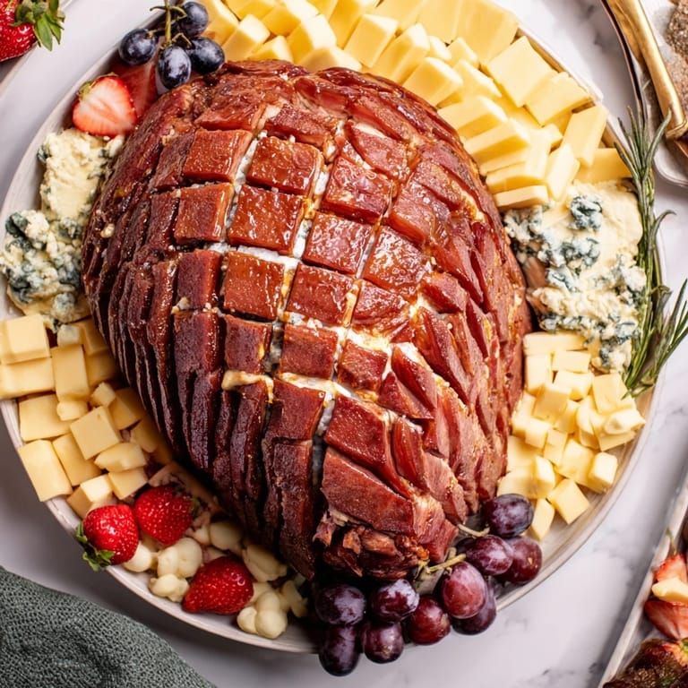 A beautiful close-up of the fully assembled glazed ham centerpiece board for a holiday brunch, ready to eat.