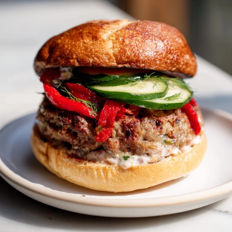 Close-up of a perfectly grilled Fire & Ice Burger, featuring colorful red peppers and fresh cucumber slices.