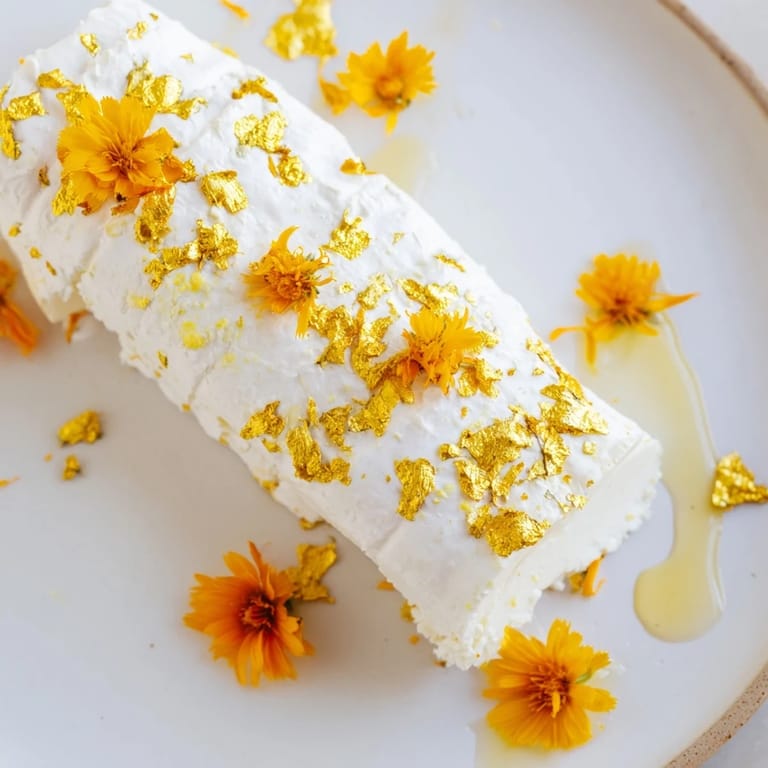 See a close-up of the "Gilded Lily" cheese platter; creamy cheeses sparkle with gold leaf and lovely yellow flowers.