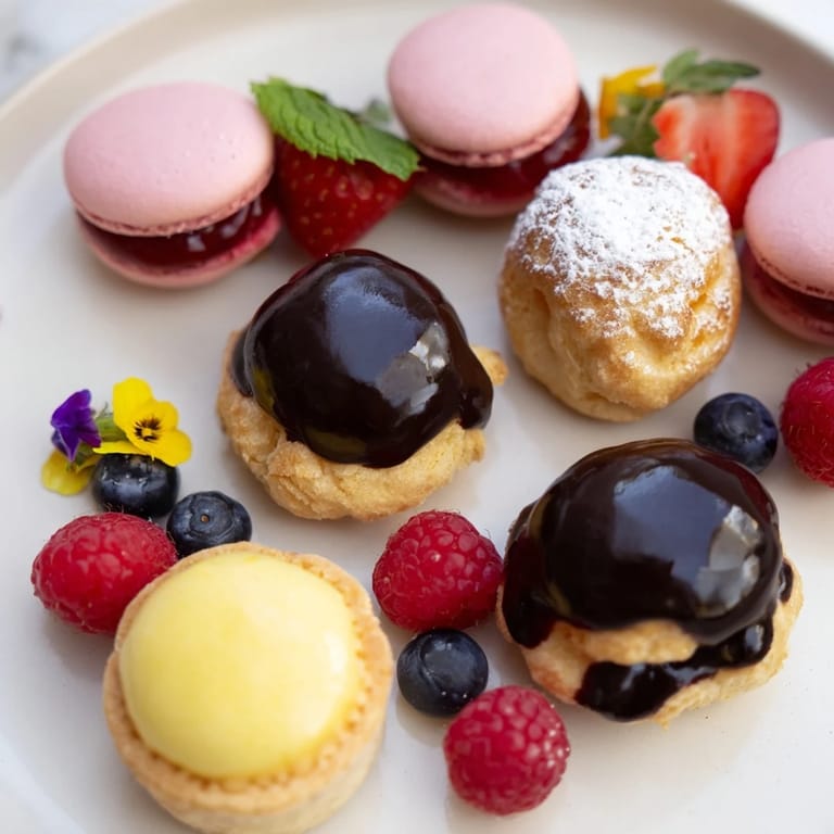 This colorful Montgolfière Dessert Platter features tiny lemon tartlets, macarons, and chocolate-filled cream puffs.