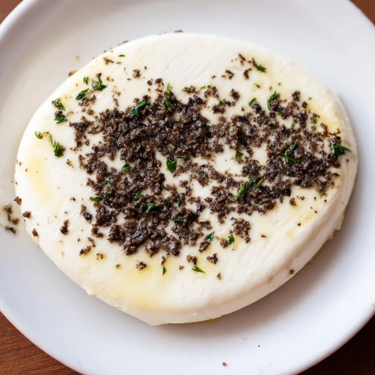 A close-up view presents the beautiful The Victorian Cameo appetizer: olive tapenade silhouettes on soft cheese.