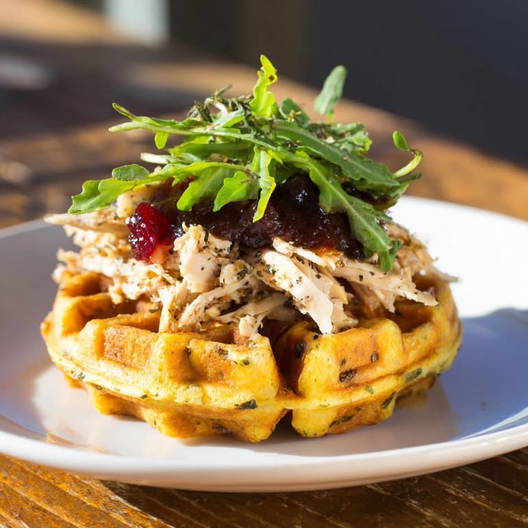 A close-up of crispy Stuffing Waffle Chicken Sliders, showcasing the juicy chicken and unique waffles.